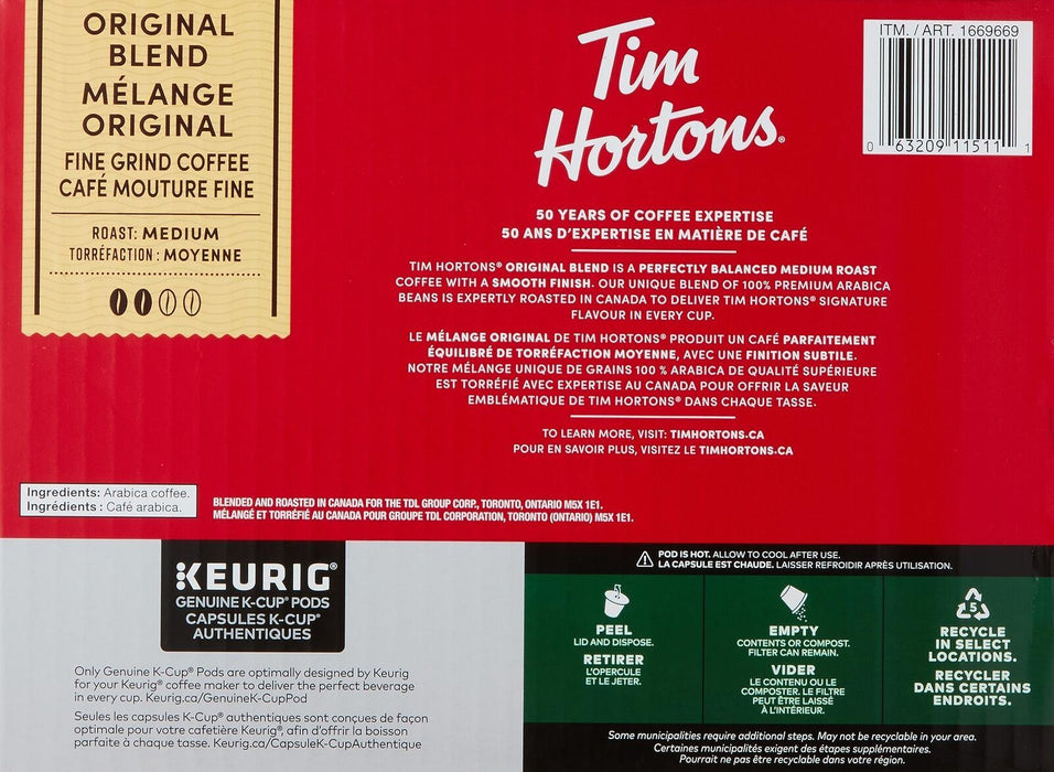 Tim Hortons Original Blend Medium Roast Coffee 80 Single Serve K-Cups for Keurig