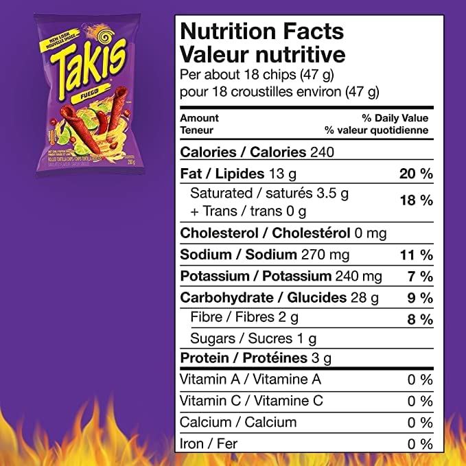 Takis Fuego Spicy Chili Pepper and Lime Rolled Tortilla Chips, 280g Each 4 Bags