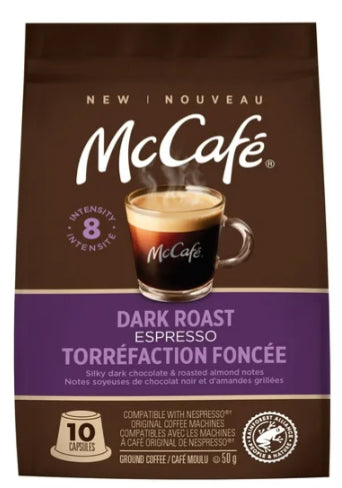 McCafe Espresso Dark Roast Coffee Capsules, Nespresso Original Line Compatible Capsules, 10 Count, 50g