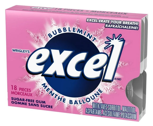 EXCEL, Bubblemint Flavored Sugar Free Chewing Gum, 18 Pieces, 3 Packs, 25g