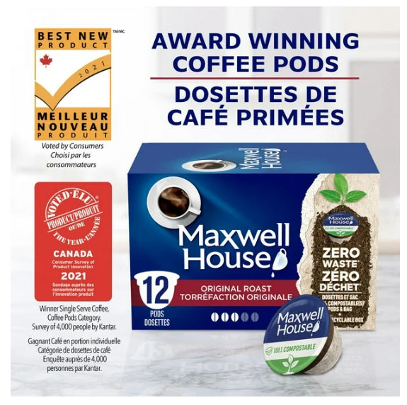Maxwell House Original Roast Coffee 100% Compostable K Cup Coffee Pods, 12 Pods, 114g