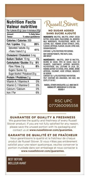 Russell Stover No Sugar Added Caramel Milk Chocolate Bar, 85g