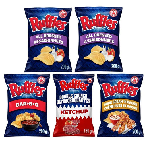 Ruffles Potato Chips, 2x All Dressed, 1x Sour Cream 'N Bacon, 1x BBQ, 1x Ketchup - CanadaGrocery