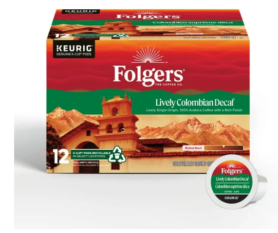 Folgers Lively Colombian Decaf Medium Roast K-Cup Coffee Pods, 12 Count, 108g