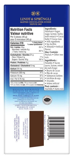 Lindt SWISS CLASSIC GRANDES Hazelnut Milk Chocolate Bar, 150g