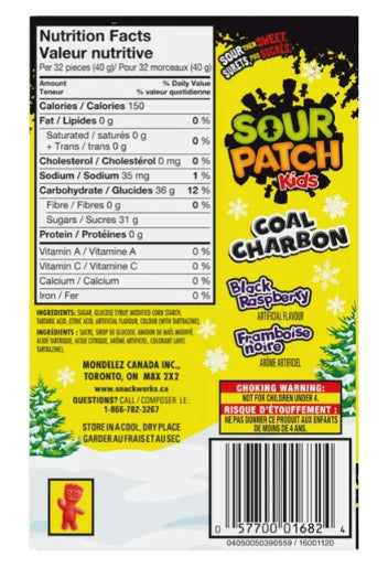 Sour Patch Kids, Coal, Black Raspberry Flavored Candy, Stocking Stuffer, 100g