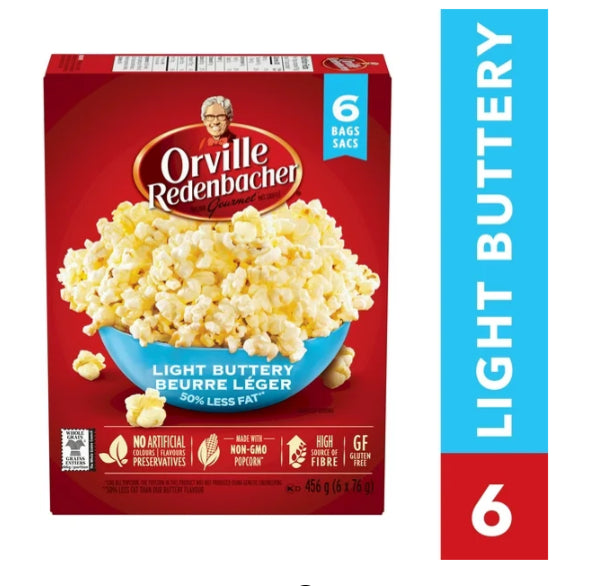 Orville Redenbacher Light Buttery Mircowave Popcorn, 50% Less Fat, 6 x 76g 456g