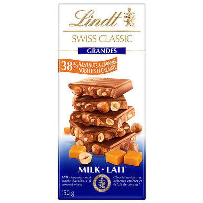 Lindt Swiss Classic Grandes Hazelnuts & Caramel Milk Chocolate Bar, 150g/5.2oz