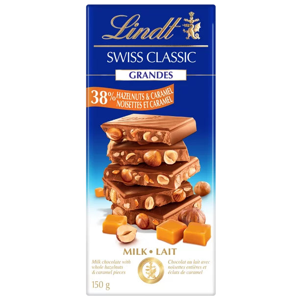 Lindt Swiss Classic Grandes Hazelnuts & Caramel Milk Chocolate Bar, 150g/5.2oz