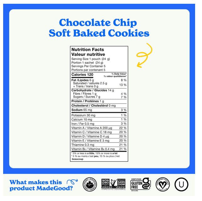 MadeGood Chocolate Chip Soft Baked Mini Cookies Family Pack, 15 x 24 g, 15pk