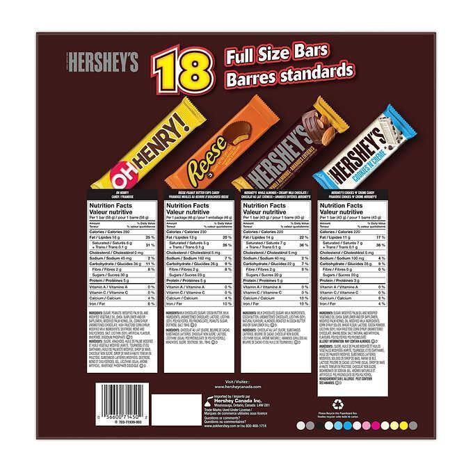 Hershey's Canada 18 Full Size Bars Variety Pack 1.9lbs