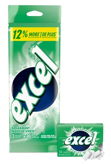 EXCEL, Spearmint Flavored Sugar Free Chewing Gum, 18 Pieces, 3 Packs, 25g