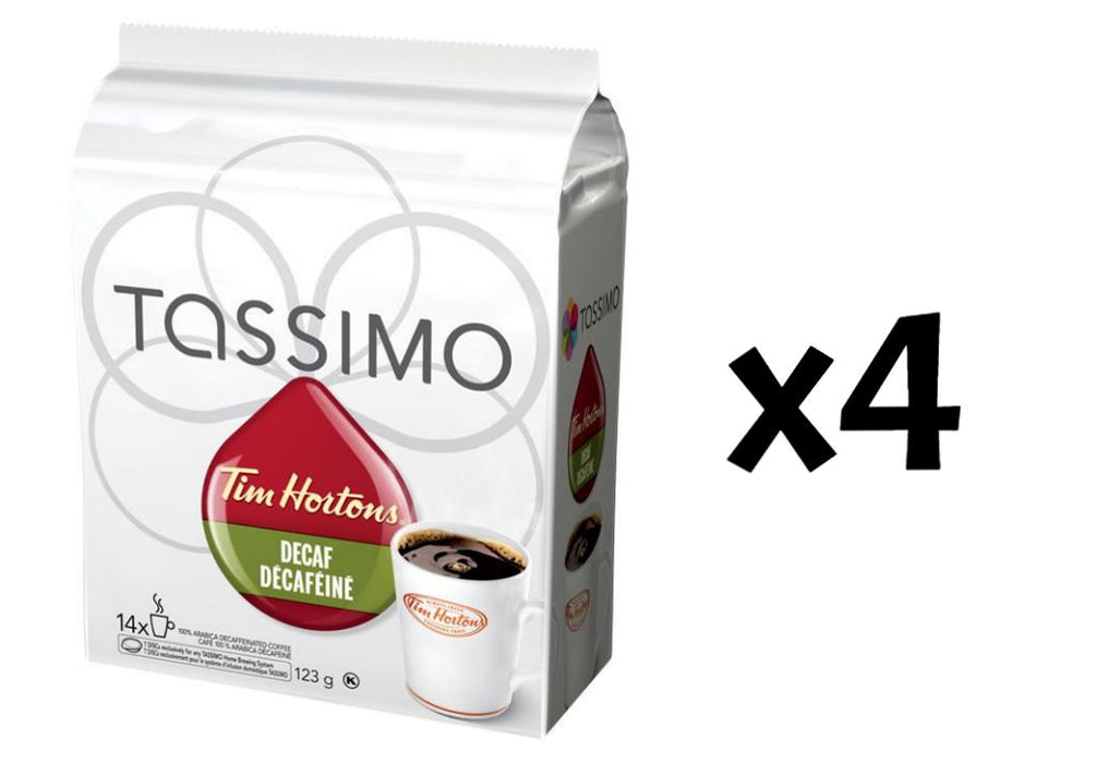 Tim Hortons Tassimo Single Serve Decaf Coffee 4 Boxes of 14 Discs