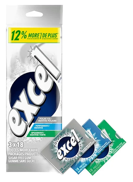 EXCEL, Variety Mint Flavored Sugar Free Chewing Gum, 18 Pieces, 3 Packs, 25g