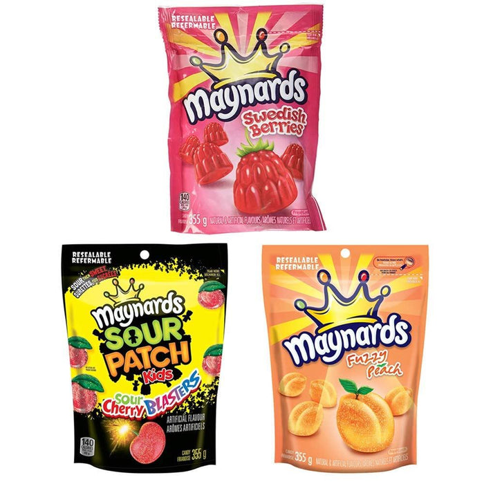 Maynards Sour Cherry Blasters, Swedish Berries, Fuzzy Peach Variety 315g Each