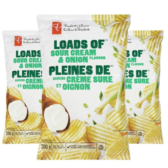 Presidents Choice PC Loads of Sour Cream and Onion Potato Chips 200g/7oz, 3 BAGS