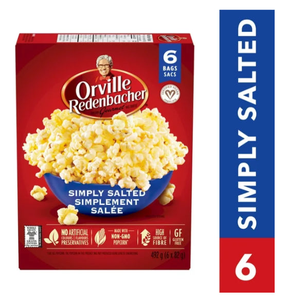 Orville Redenbacher Popcorn Simply Salted, Non-GMO, 6 x 82g, 492g