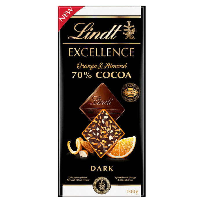 Lindt Chocolate Excellence Orange Almond 70% Cacao Dark Chocolate Bar, 100g