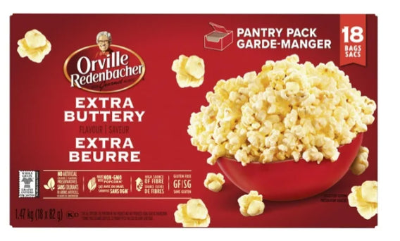 Orville Redenbacher Extra Buttery Microwave Popcorn, Non-GMO,18x 82g, 1.47kg