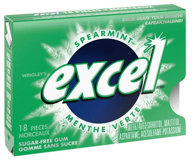 EXCEL, Spearmint Flavored Sugar Free Chewing Gum, 18 Pieces, 3 Packs, 25g