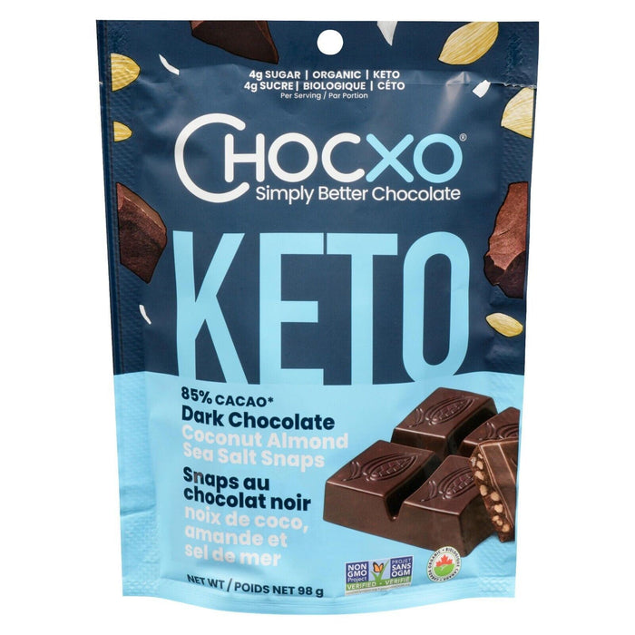 Chocxo Keto Dark Chocolate Coconut Almond & Sea Salt Snaps 98g Each 2 Bags