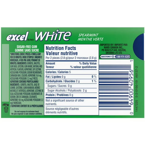 EXCEL, White Spearmint, Teeth Whitening Sugar Free Chewing Gum, 12 Pieces, 1 Pack