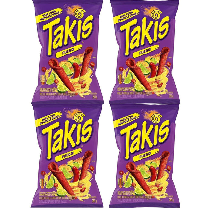 Takis Fuego Spicy Chili Pepper and Lime Rolled Tortilla Chips, 280g Each 4 Bags