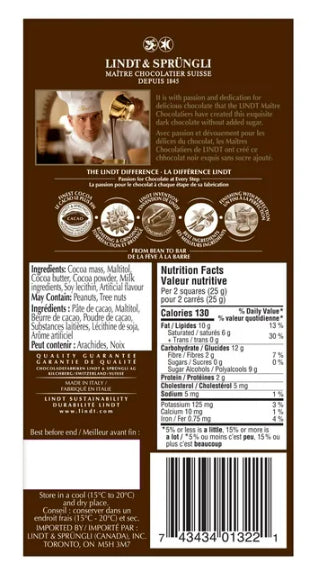 Lindt No Sugar Added Dark Chocolate Bar, 100g