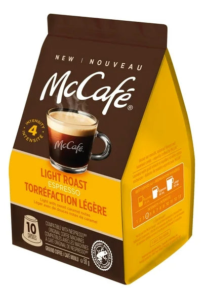 McCafe Espresso Light Roast Coffee Capsules, Nespresso Original Line Compatible Capsules, 10 Count, 50g