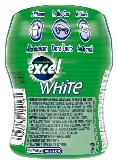 EXCEL, White Spearmint, Teeth Whitening Sugar Free Chewing Gum, 60 Pieces, 1 Bottle, 84g