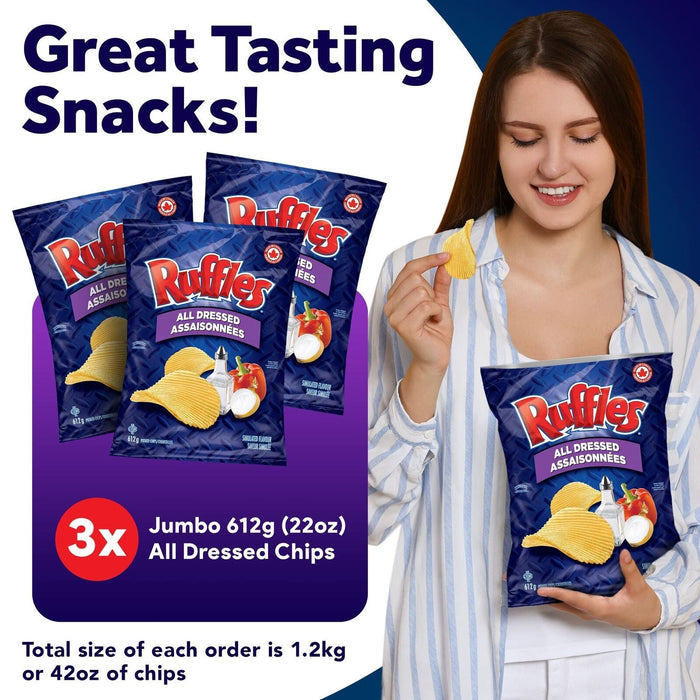 Ruffles All Dressed Potato Chips 628g Each 3 Jumbo Bags (Over 4lbs)