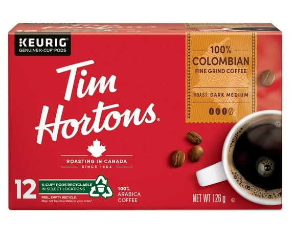 Tim Hortons 100% Colombian Dark Medium Roast Coffee, Keurig K-Cups,12ct, 126g