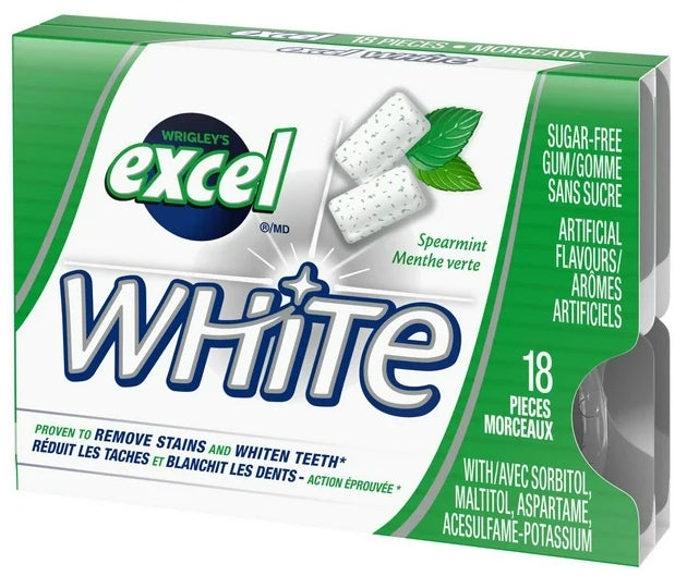 EXCEL, White Spearmint, Teeth Whitening Sugar Free Chewing Gum, 18 Pieces, 3 Packs, 25g