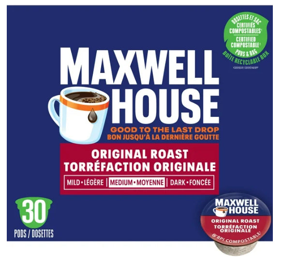 Maxwell House Original Roast Coffee Certified Compostable K-Cup Coffee Pods, 30 Pods, 285g