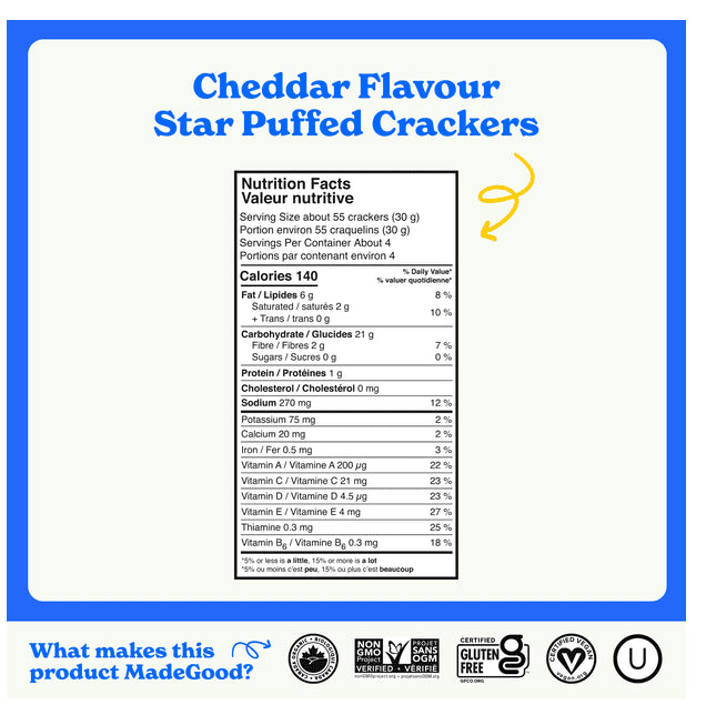 MadeGood Cheddar Star Puffed Crackers, 121g