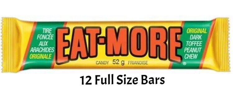 EAT-MORE Dark Toffee Peanut Chew Bars Full Size 52g Each 12 Count From Canada