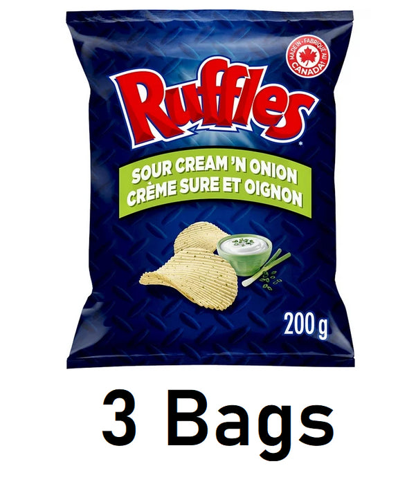 Ruffles Sour Cream 'N Onion Potato Chips 200g/7.05oz Each 3 Bags