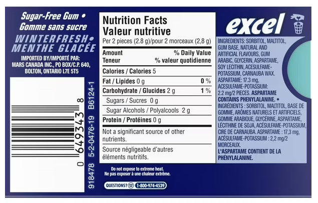 EXCEL, Winterfresh Flavored Sugar Free Chewing Gum, 12 Pieces, 1 Pack, 16.8g