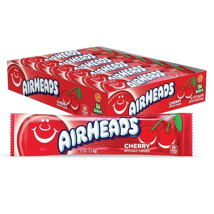 Airheads Candy, Cherry Flavor Full Size Bars, Taffy, Non Melting, 36 Bars