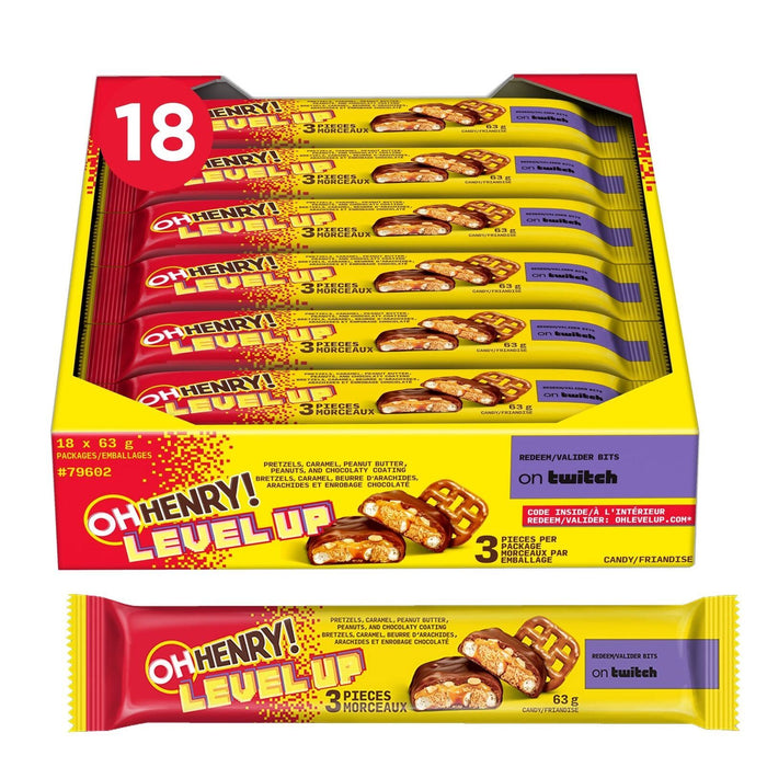 Oh Henry Level Up Chocolatey Peanut Butter Caramel & Pretzel Bars, 63g 18 Bars