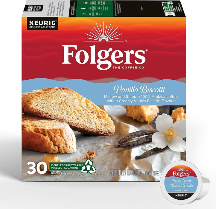 Folgers Vanilla Biscotti Flavored Coffee, Single-Serve K-Cup Pods Keurig 30 Pods