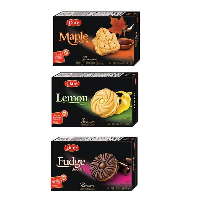 Dare Maple Creme, Lemon Creme, and Fudge Creme Cookies, One 10.2 oz Box of Each