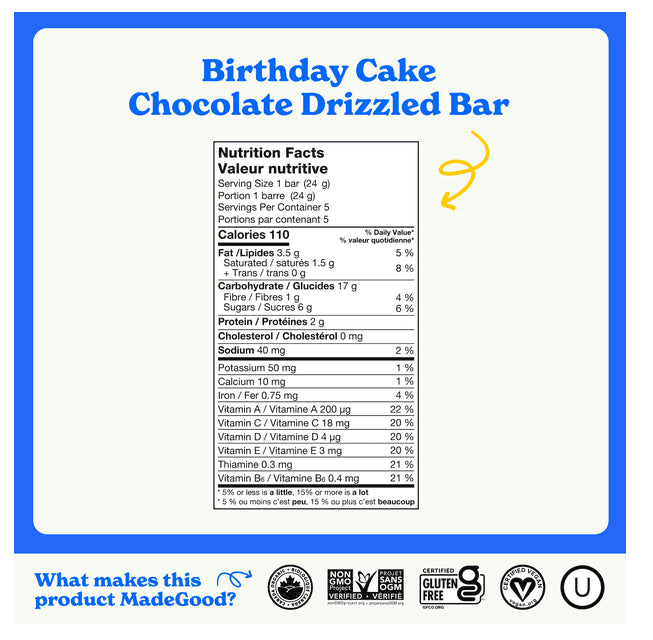 MadeGood Birthday Cake Chocolate Drizzled Granola Bars, 5 x 24g