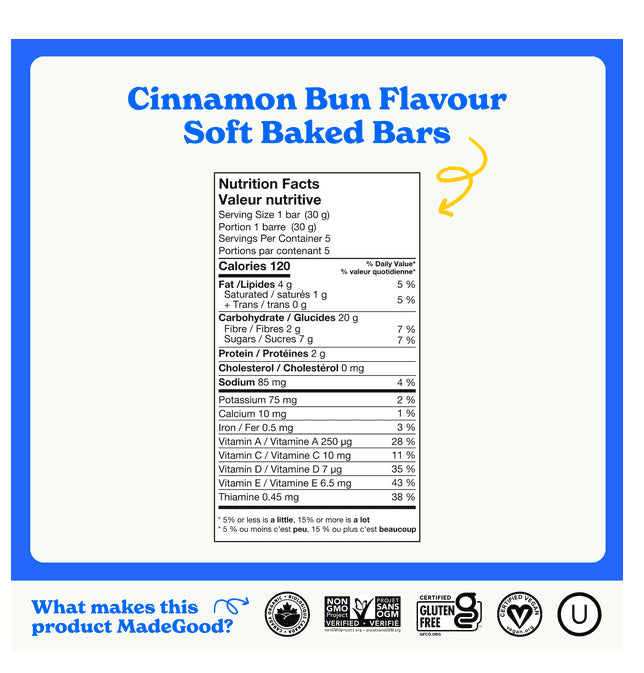 MadeGood Mornings Cinnamon Bun Soft Baked Oat Bars, 5 x 30g