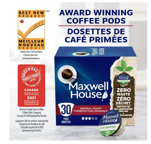 Maxwell House Original Roast Coffee Certified Compostable K-Cup Coffee Pods, 30 Pods, 285g