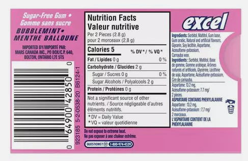 EXCEL, Bubblemint Flavored Sugar Free Chewing Gum, 18 Pieces, 3 Packs, 25g