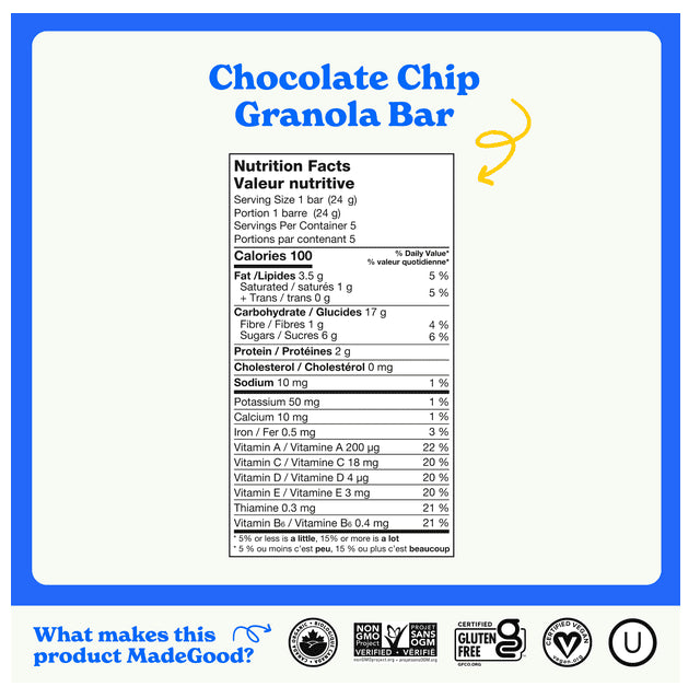 MadeGood Chocolate Chip Granola Bars, 5 x 24g