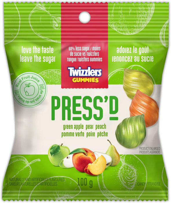 Twizzlers Press'd Fruit Gummies, Green Apple, Pear, & Peach Flavor, 100g Bag