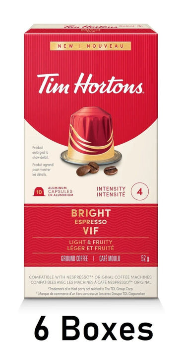 Tim Hortons Bright Espresso Capsules for Nespresso 10 count/ 52g Each 6 Boxes