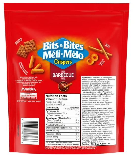 Crispers Bits & Bites BBQ Snack and Cracker Mix, 145g